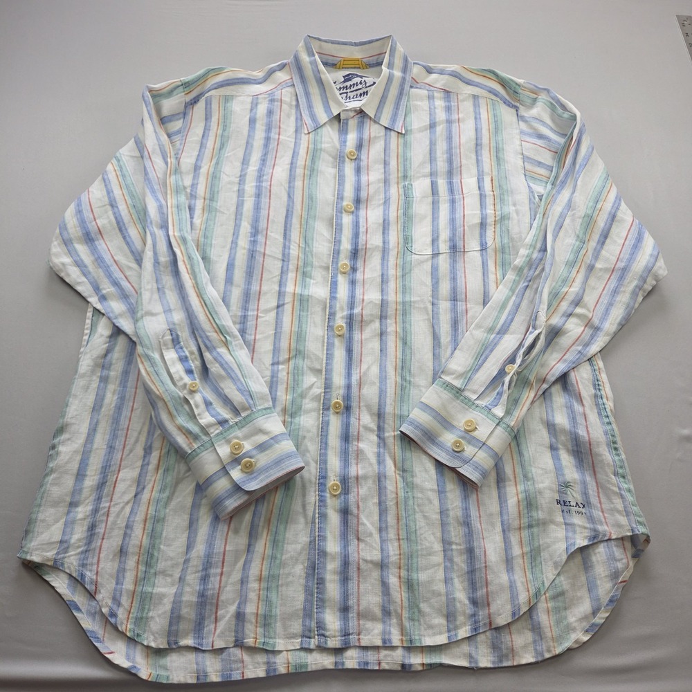 Tommy Bahama Mens Button Up Shirt Multicolor Stripe Large Linen Long Sleeve